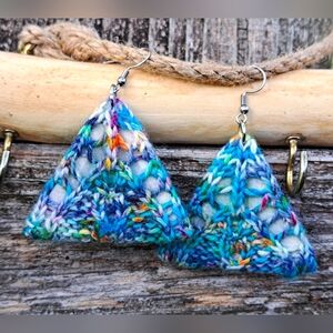 Triangle Knit Earrings Multicolor Blue Hand Dyed Yarn Multicolor Cotton
